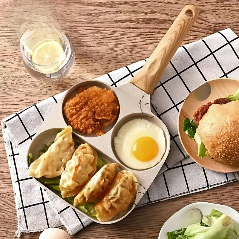 1pc Household Maifanshi 4-Compartment Non-Stick Aluminum Frying Pan with Wooden Handle - Multi-Use Breakfast Eggs, Hamburgers, Steaks & Shrimp Cookware, Even Heat Distribution, Easy Clean, Multicompartment Cooker | Ergonomic Kitchenware | Easyclean Surface