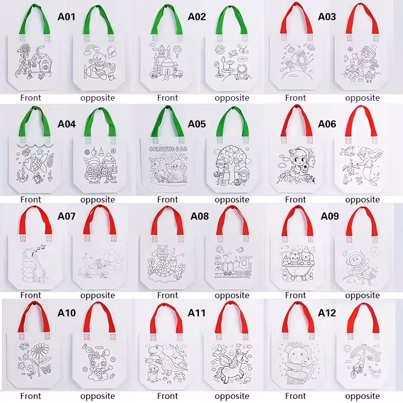24pcs DIY Graffiti Canvas Gift Bags - Reusable Non-Woven Mini Tote with 12 Carnival Animal Designs, Dual Handles for Shopping, Storage & Party Favors (Green & Red), Festive Accessories, Vibrant Prints, Lightweight Construction, Event Organizers