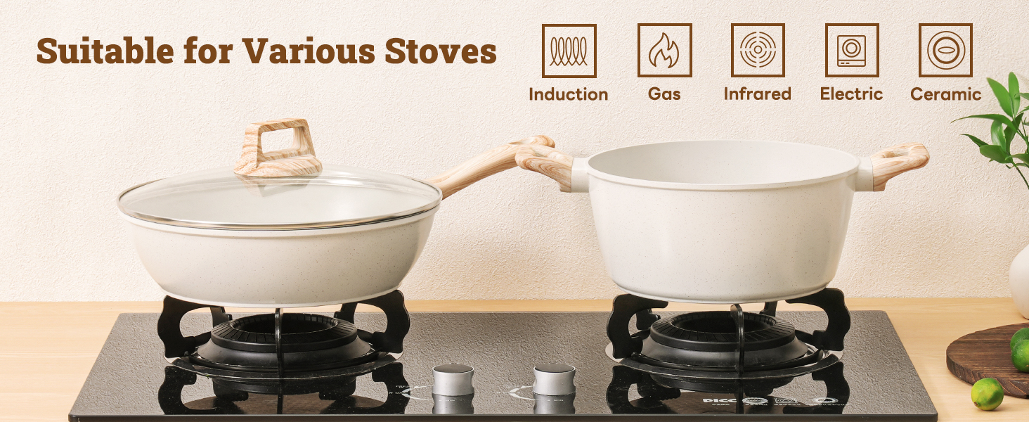 17 Pcs Pots and Pans Set Non stick .Cookware Sets White Granite Induction Cookware. Non-toxic Healthy Non Stick Kitchen Cooking Set with Frying Pans Set. Saucepans (PFAS. PFOA. PFOS Free) White